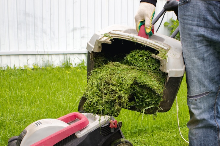 Photo homme avec collecteur d'herbe tondeuse à gazon à la main. homme avec tondeuse à gazon. concept de jardinage et d'aménagement paysager.