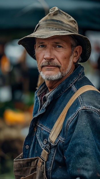 Un homme en combinaison et un chapeau debout devant un marché