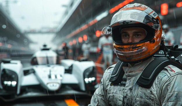 Photo un homme en combinaison de course se tient devant une voiture de course la voiture est blanche et a une bande rouge la scène se déroule sur une piste de course