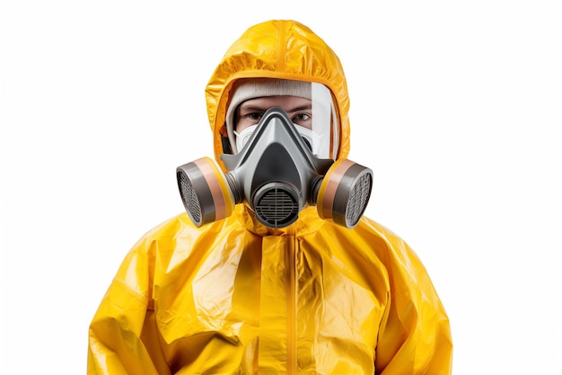 Homme en combinaison de protection chimique avec masque à gaz isolé sur fond blanc