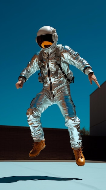 un homme en combinaison spatiale avec un casque orange.