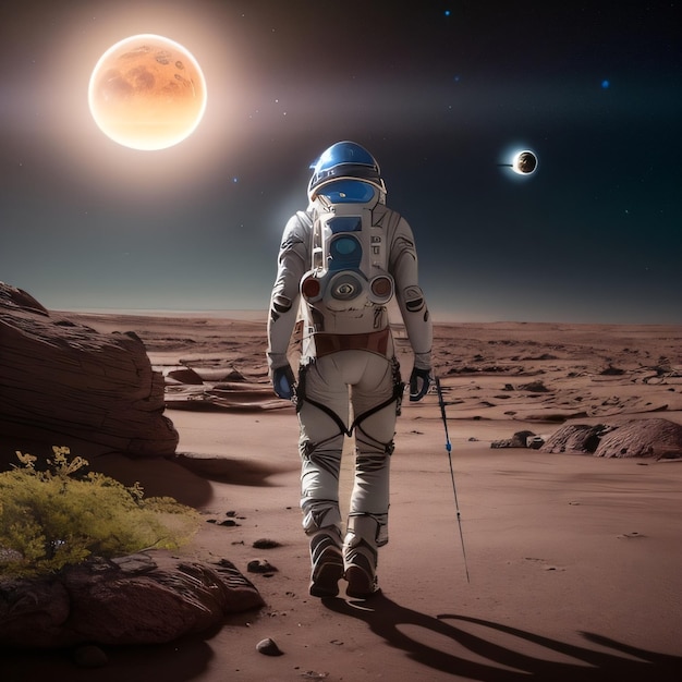Un homme en combinaison spatiale marche sur une planète avec des planètes en arrière-plan.