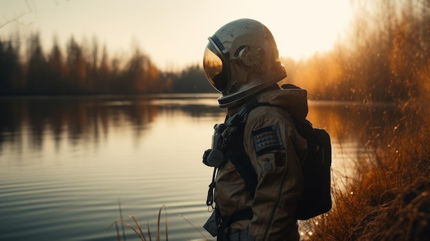 Un homme en combinaison spatiale regarde l'eau et le soleil se couche.