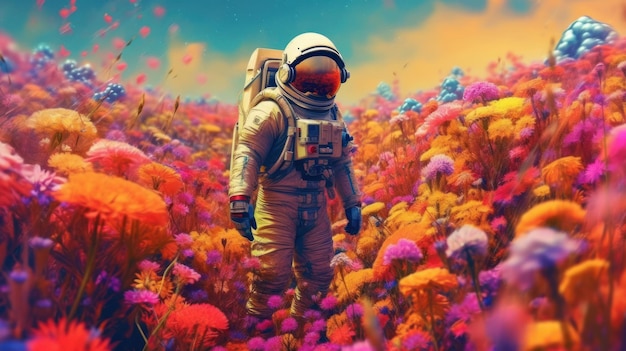 Un homme en combinaison spatiale se tient dans un champ de fleurs.