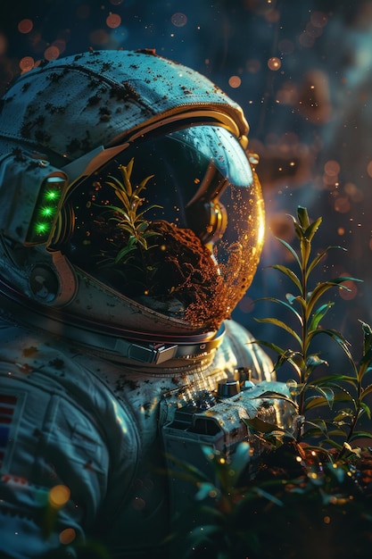 Un homme en combinaison spatiale se tient devant une rangée de plantes et les regarde attentivement.