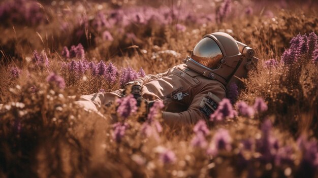 Un homme en combinaison spatiale se trouve dans un champ de fleurs violettes.