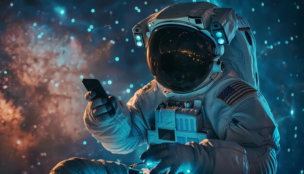 Photo un homme en combinaison spatiale tient un téléphone portable.