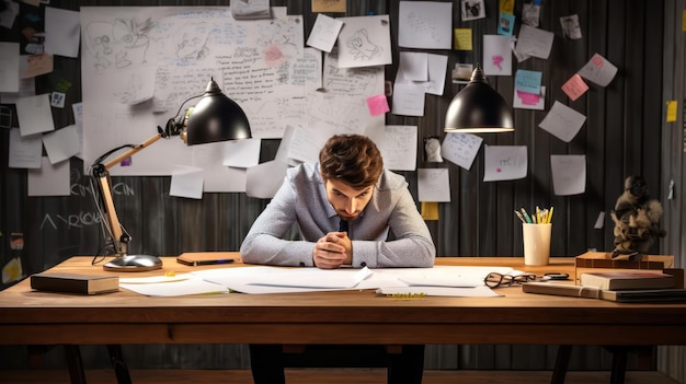 Homme composant avec impatience un texte écrit