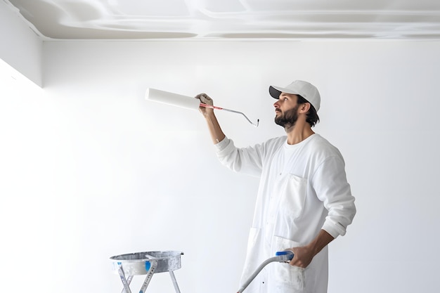 Homme concentré donnant une nouvelle couche de peinture à une pièce avec un rouleau et une boîte de peinure à la main IA générative