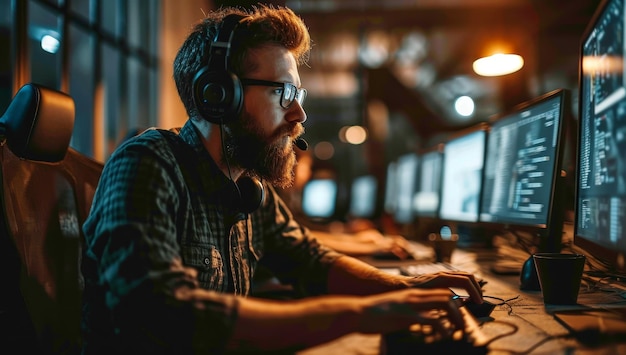 Photo un homme concentré avec des écouteurs à l'ordinateur.