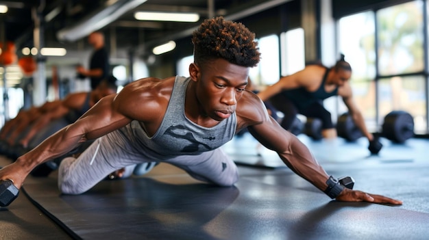 Photo un homme concentré effectue une pompe au gymnase avec une autre personne faisant de l'exercice en arrière-plan