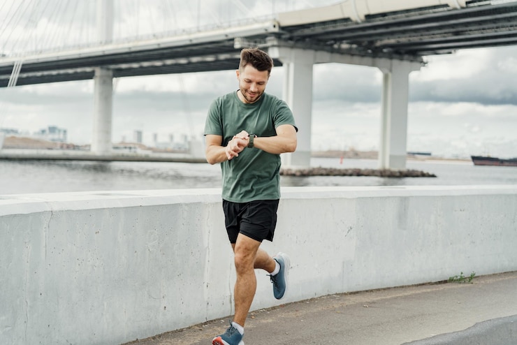Photo homme concentré vérifiant sa montre de sport tout en faisant du jogging au bord de l'eau de la ville