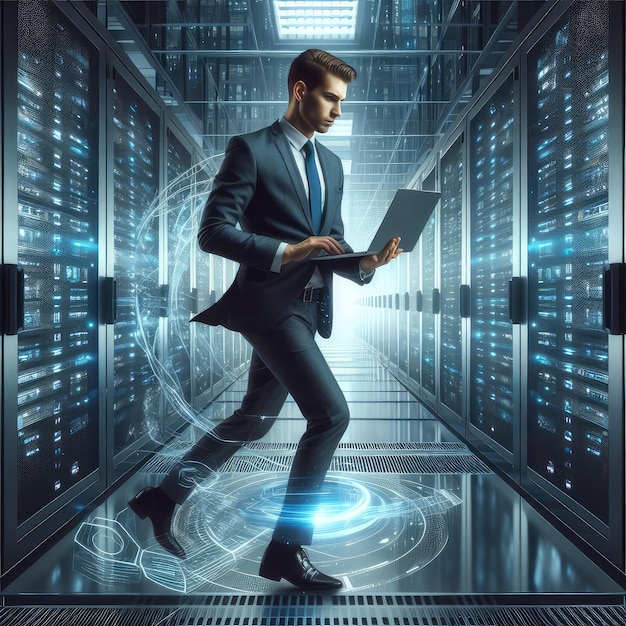 Un homme conceptuel futuriste avec un ordinateur portable marchant et vérifiant le centre de données