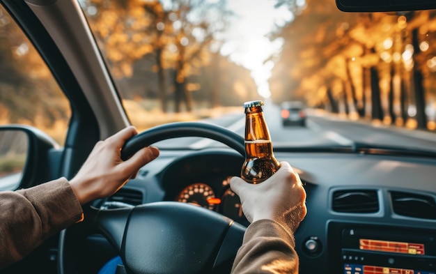 Un homme conduisant irresponsablement en tenant une bouteille de bière représentant le danger de la conduite en état d'ivresse