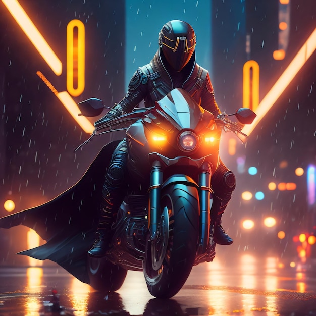 Un homme conduisant une moto sous la pluie cyberpunk