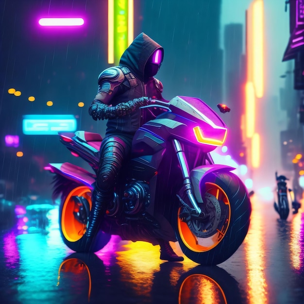 Un homme conduisant une moto sous la pluie avec des néons allumés.
