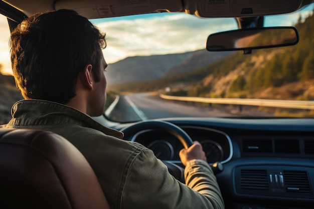 Photo homme conduisant une voiture à l'aide du navigateur ai generative