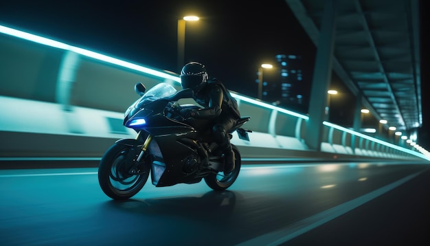 Un homme conduit une moto sportive dans la ville la nuit