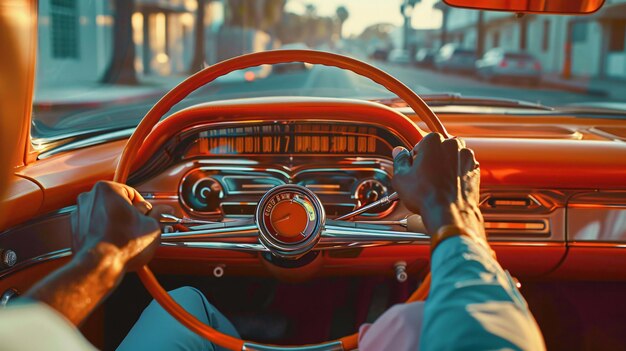 Photo un homme conduit une voiture vintage avec le volant au volant