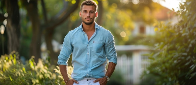 Un homme confiant en chemise bleue et en short blanc