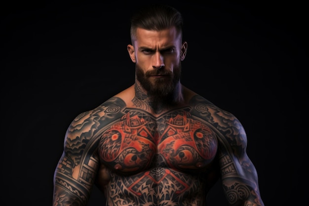 Homme confiant avec un corps musclé tatoué sur fond noir