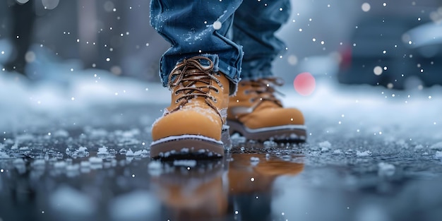 Homme confiant marchant dans des chaussures chaudes sur un jour d'hiver enneigé Concept Mode d'hivers Costumes enneigés Hommes39s Chaussures Météo froide Style Photographie en plein air