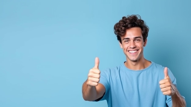 homme confiant souriant montrant les pouces vers le haut sur fond bleu