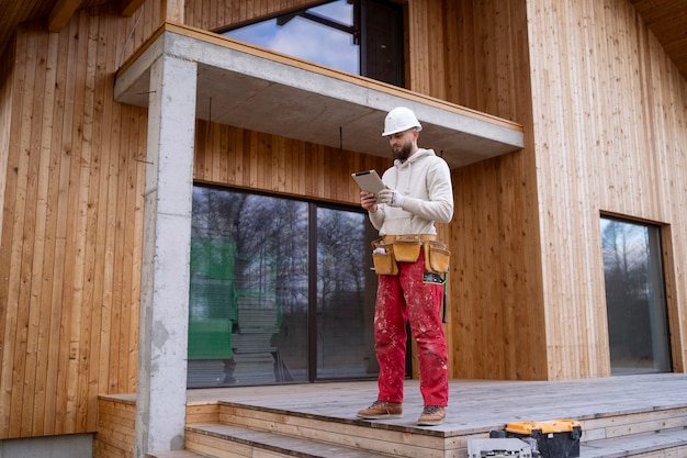 Homme de construction plein coup tenant une tablette