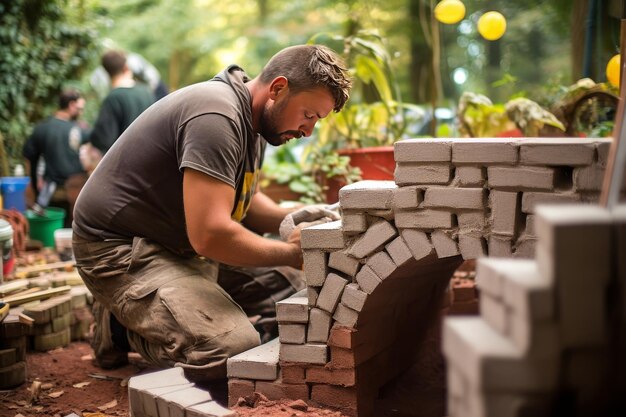 Un homme construit un four à briques dans un jardin