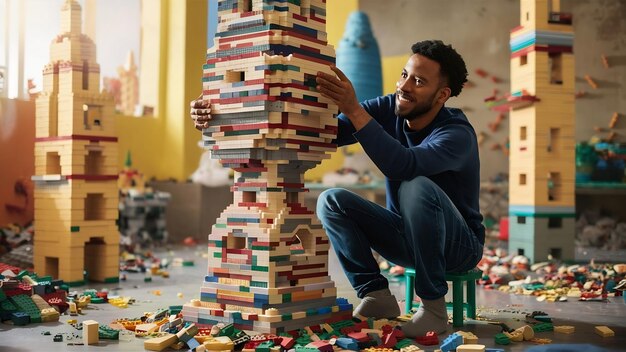 Photo un homme construit une tour.