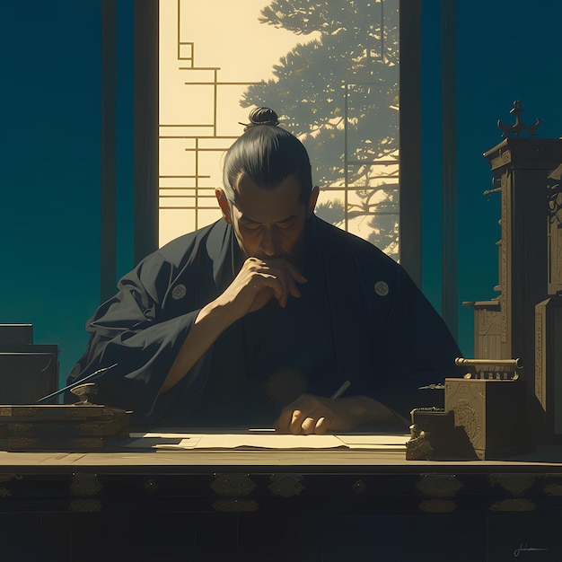 Un homme contemplatif dans un cadre traditionnel japonais