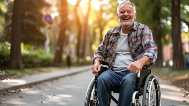 Un homme content dans un fauteuil roulant représente la joie et la résilience qui embrassent la vie avec une attitude positive.