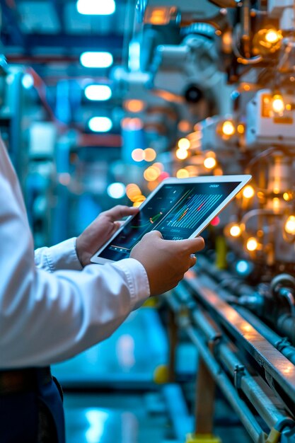 Photo un homme contrôle un robot à partir d'une tablette focus sélectif