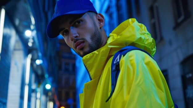 Un homme cool et confiant pose devant un mur de béton sableux son pare-vent jaune néon et