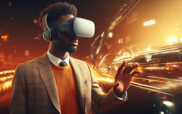 Un homme cool portant des lunettes de réalité virtuelle metaverse regarde des vidéos à travers des lunettes VR.