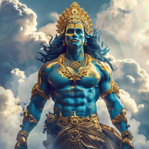 un homme avec un corps bleu et un coffre d'or se tient dans les nuages