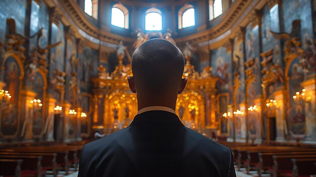 Un homme en costume admirant l'intérieur complexe de la cathédrale historique avec des décorations ornées et une chaleur chaleureuse