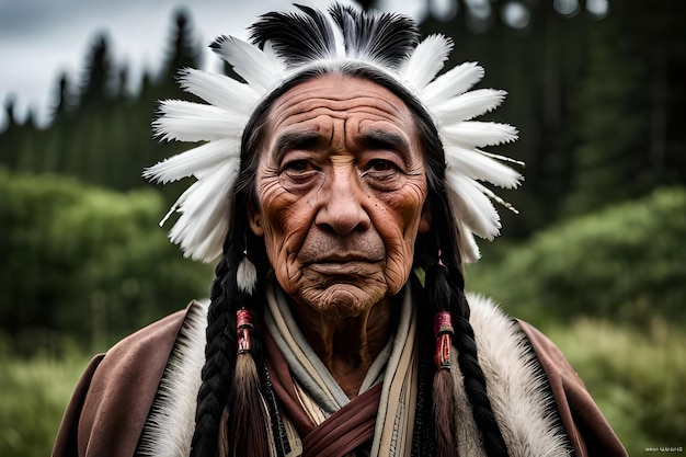 Un homme en costume amérindien se tient devant une forêt.