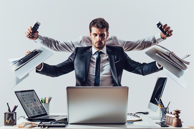 Un homme en costume assis à un bureau avec un ordinateur portable