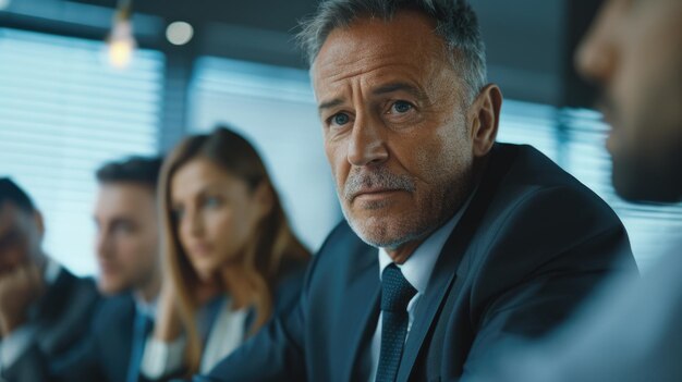 Photo un homme en costume assis devant un groupe de personnes idéal pour des présentations d'affaires