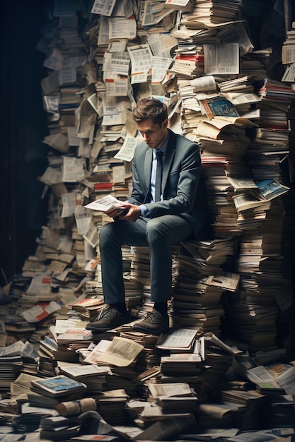 Un homme en costume assis sur une pile de livres