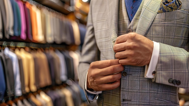 Un homme en costume attache les boutons de sa veste. Il se tient dans un magasin entouré de rayons de vêtements.