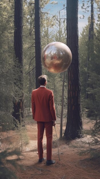 Un homme en costume avec une balle géante au milieu de la forêt.