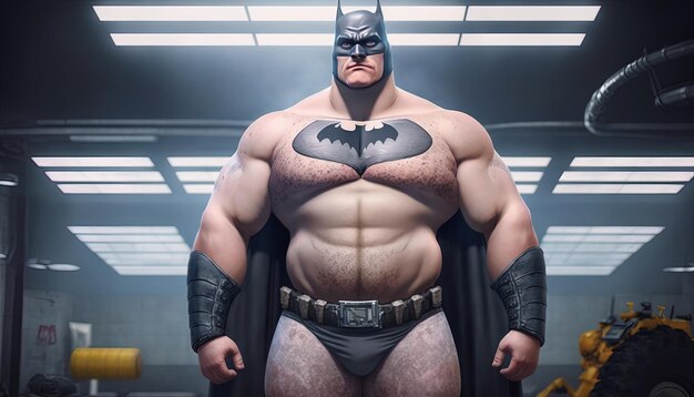 Un homme en costume de Batman se tient dans une pièce avec un panneau disant Superman