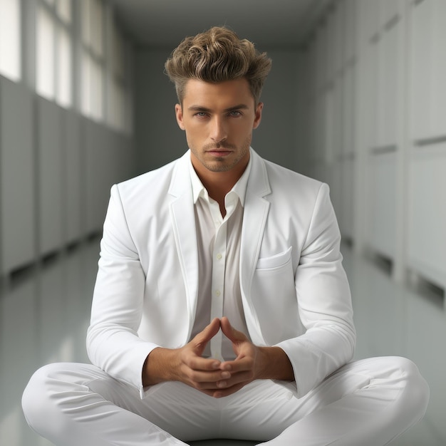 L'homme en costume blanc dans la pose de yoga