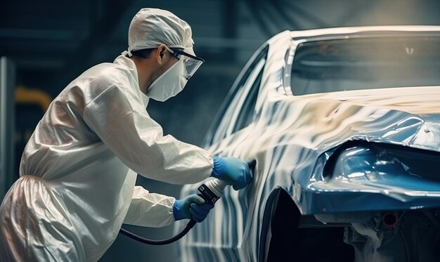 Un homme en costume blanc et masque lavant une voiture