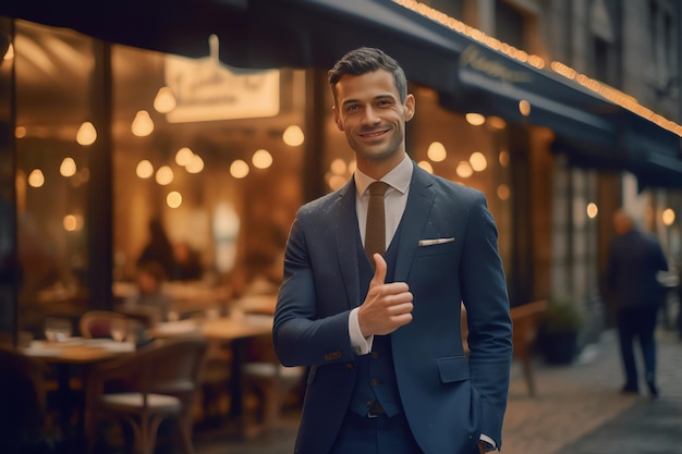 Un homme en costume bleu avec une pancarte indiquant "l'homme lève le pouce"