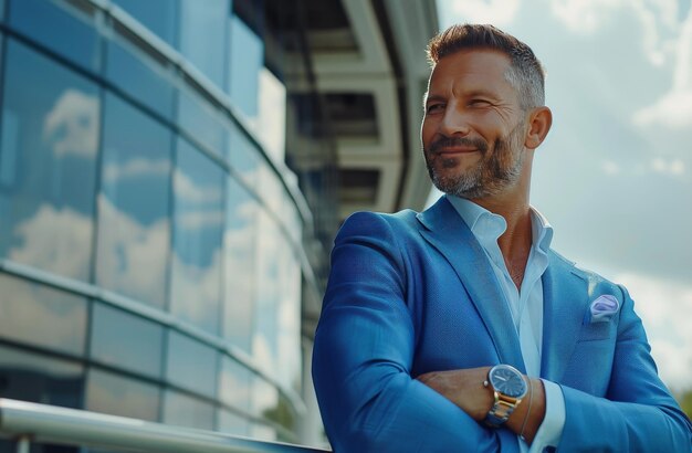 Photo l'homme en costume bleu pose