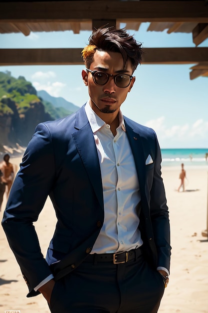 Un homme en costume bleu se tient sur une plage portant des lunettes de soleil et une chemise blanche.