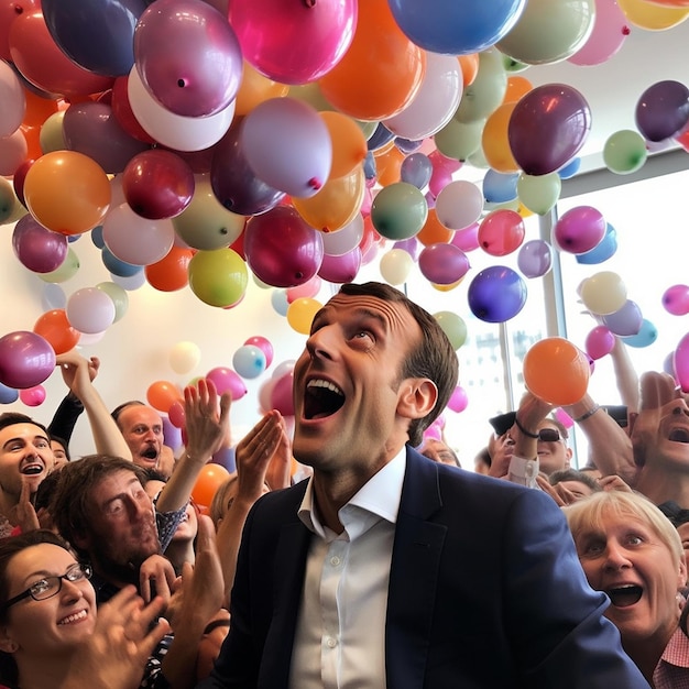 un homme en costume avec la bouche ouverte et de nombreux ballons en l'air.